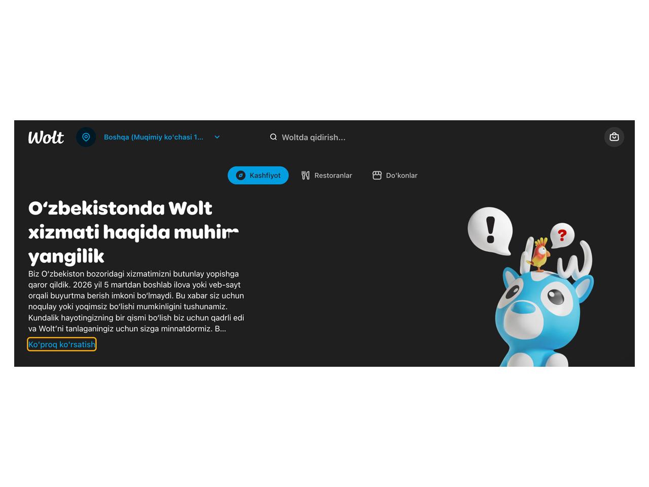 Wolt Oʻzbekistondagi faoliyatini toʻxtatyapti