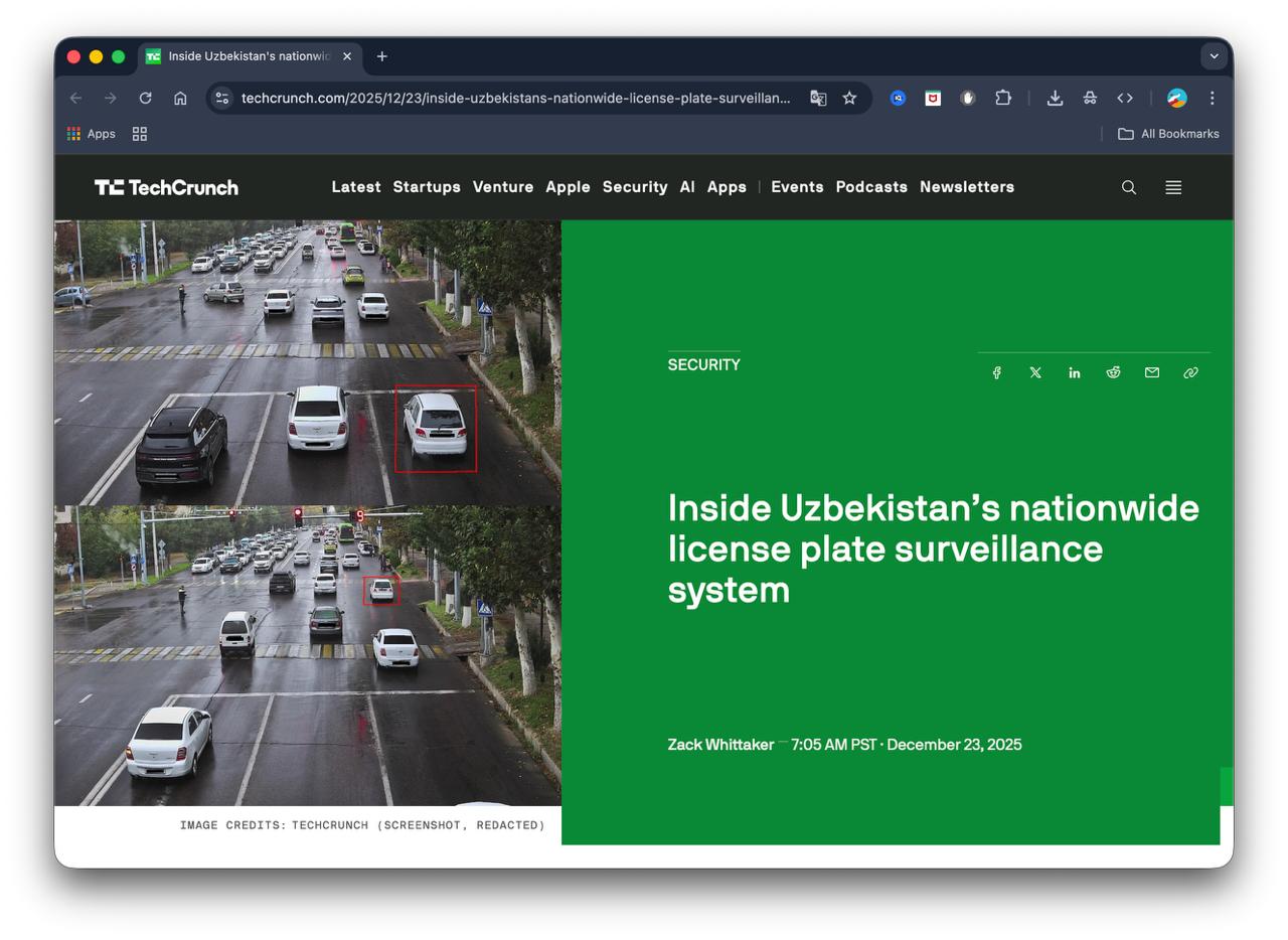 TechCrunchʼdagi doʻstlarimiz Oʻzbekiston yoʻllaridagi kameralar xavfsizligining zaifligi haqida maqola eʼlon qilishibdi
