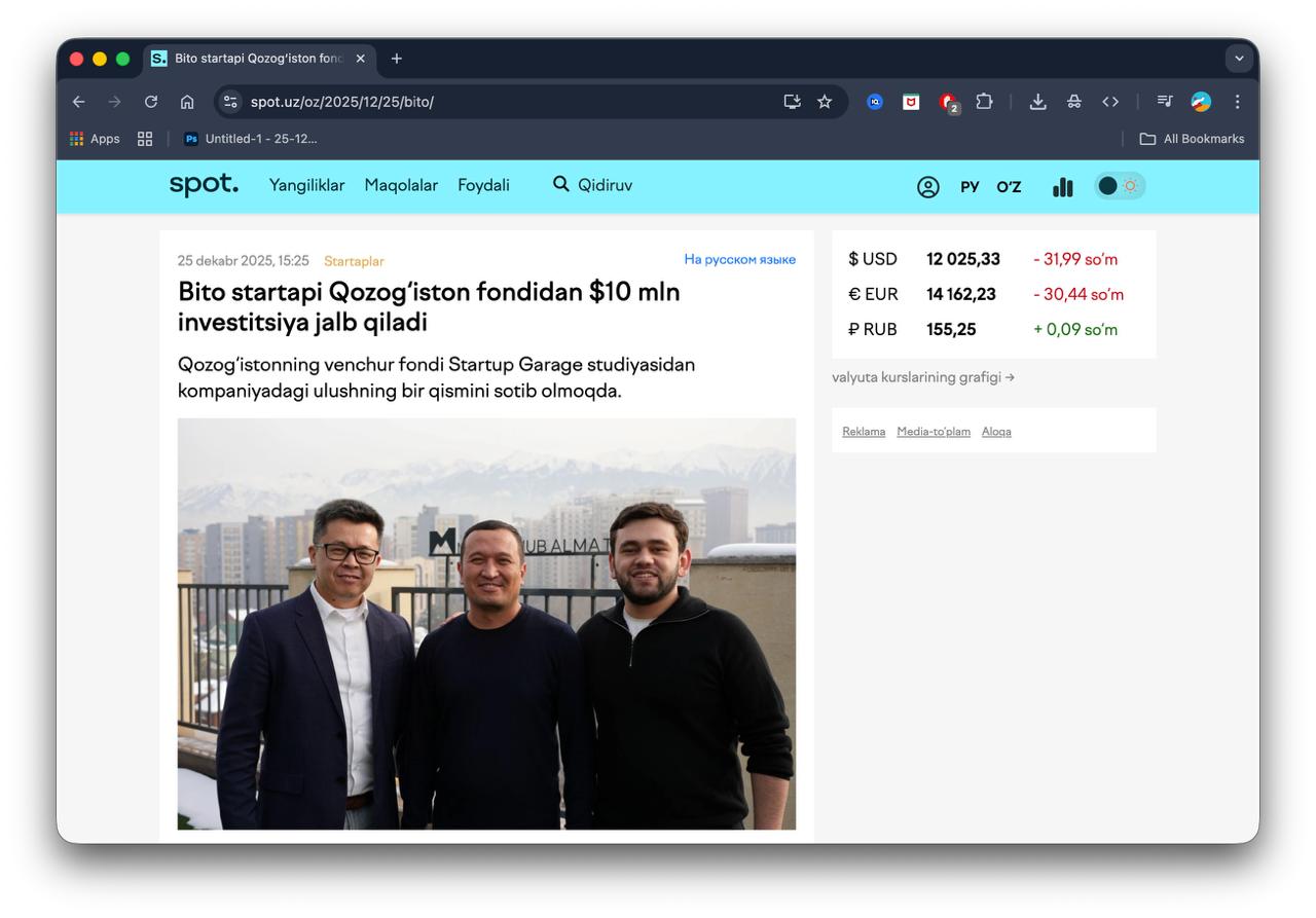 $10 mln baholanishda BITO startapi qancha investitsiya oldi?